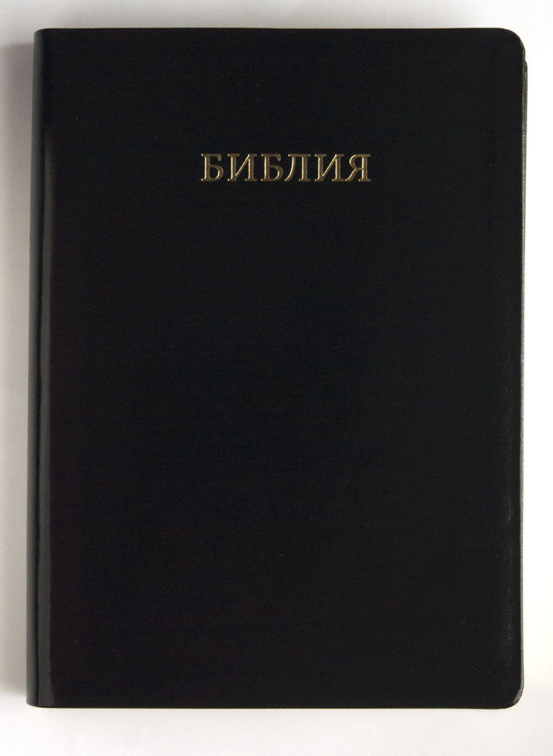 Библия каноническая (18х24см, чёрная, иск. кожа, золотой обрез, крупный шрифт, слова Иисуса выделены красным)