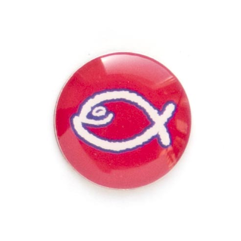 Значок на цанге - Белая юмористическая  рыбка на красном фоне