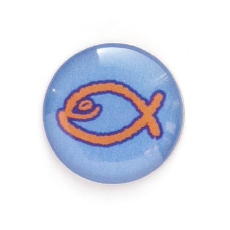 Значок на цанге - Оранжевая юмористическая  рыбка на фиолетовом фоне