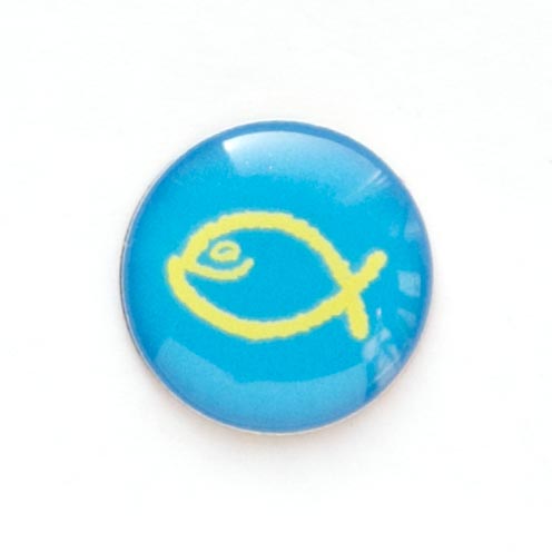 Значок на цанге - Желтая юмористическая  рыбка на голубом фоне