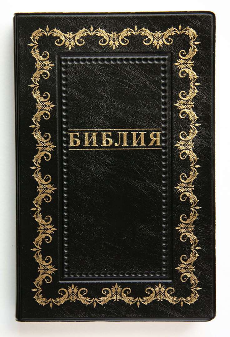 Библия (14х21,3 см, искусств. кожа, черный, золотая рамка, надпись "Библия", золотой обрез, 2 закладки, слова Иисуса выделены жирным, крупный шрифт)