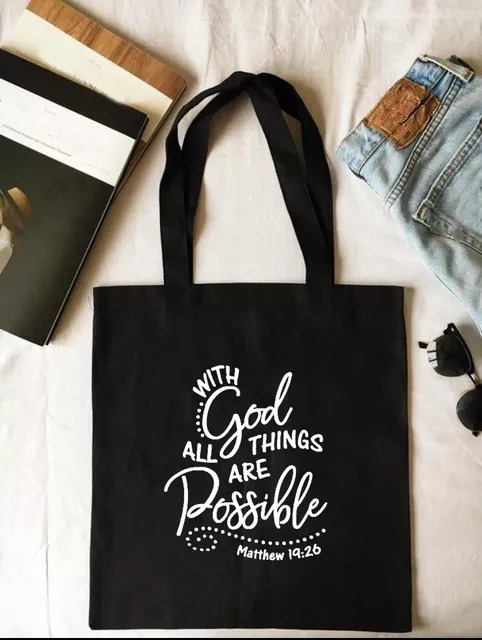 Холщовая Сумка-тоут для покупок с надписью «With God, All things are possible» (C Богом всё возможно)