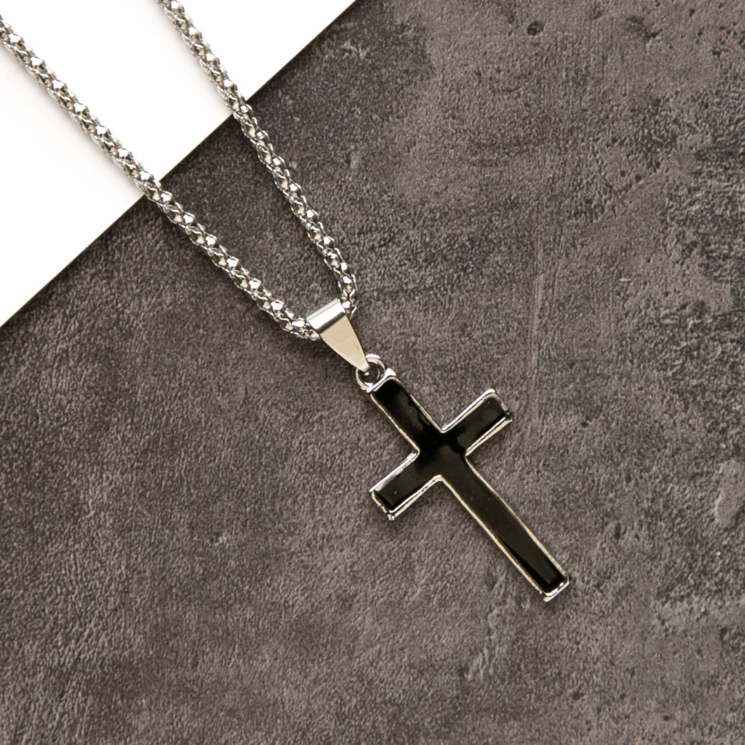 Кулон на цепочке - Черный крест с серебряным ободком