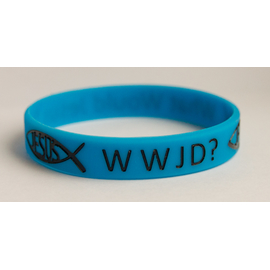 Браслет силиконовый - WWJD? Рыбка Jesus, синий (БСк-16)