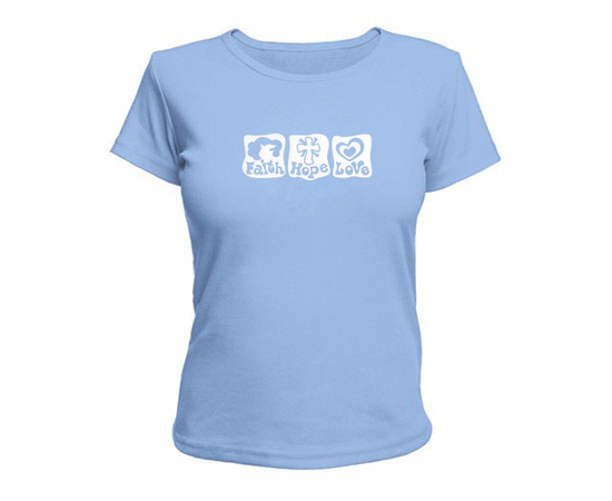 Женская футболка - Faith, Hope, Love (Вера, надежда, любовь) белый - голубая