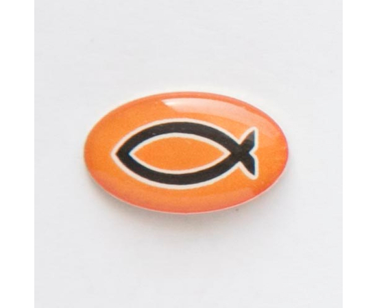 Значок на цанге - Черная рыбка на оранжевом фоне