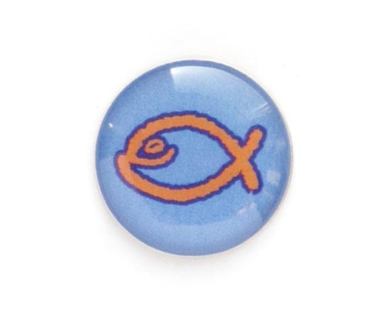 Значок на цанге - Оранжевая юмористическая  рыбка на фиолетовом фоне