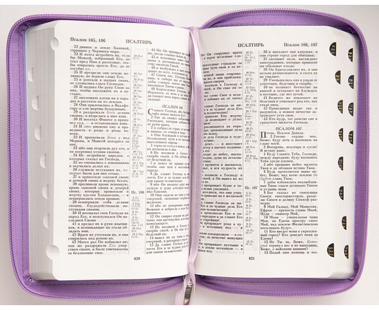 Библия каноническая (12х19см, фиолетовая кожа, солнце, серебряный обрез, индексы, молния, 2 закладки)