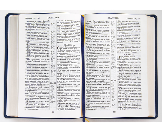 Библия ( 17х23,5см, искусств. кожа, тёмно-синий, рамка борокко, надпись "Библия", золотой обрез, 2 закладки, слова Иисуса выделены жирным, крупный шрифт)