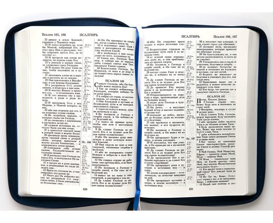 Библия (18х24,5, искусств. кожа, синий ребристый, Голубь, молния, 2 закладки, слова Иисуса выделены жирным, крупный шрифт)