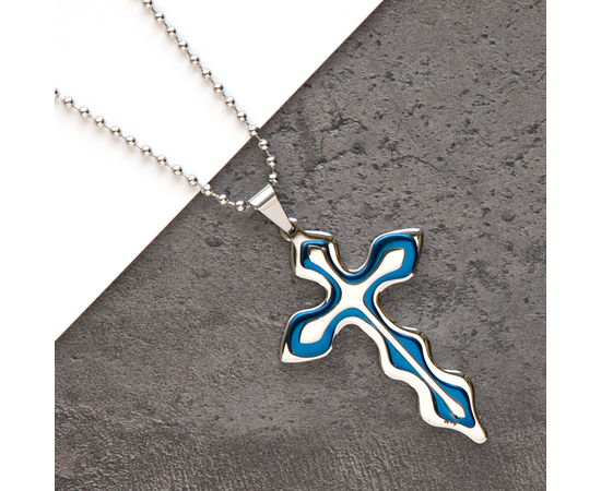 Кулон на цепочке - Крест на металлическом кресте - синий