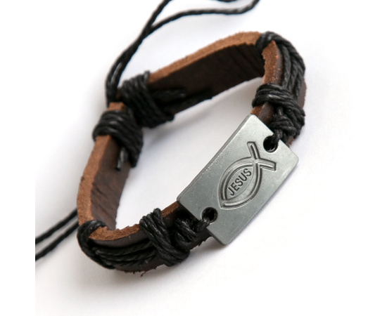 Кожаный браслет - Рыбка Jesus (на пластине) коричневая кожа / чёрный шнур