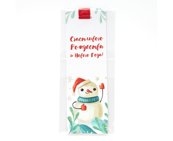 Закладка с лентой - Счастливого Рождества и Нового года (акварель снеговик)