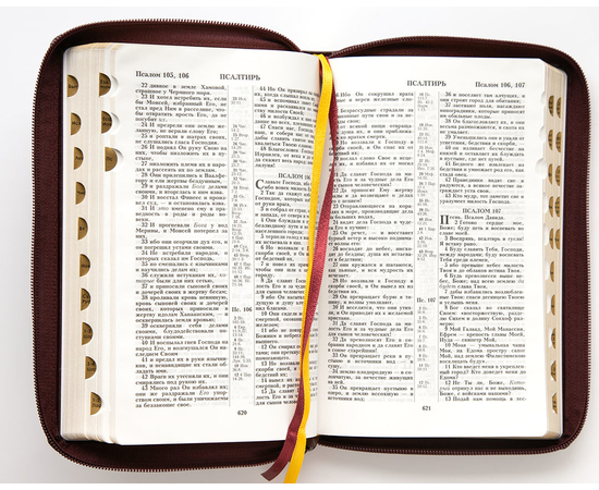 Библия (14,3х22см, натуральная кожа, коричневый с оттенком бордо, "Золотые руки молящегося", молния, золотой обрез, индексы, 2 закладки, слова Иисуса выделены жирным, средний шрифт)
