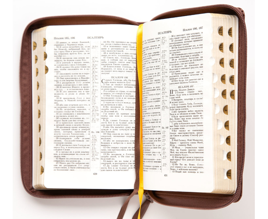 Библия (12,5х19,5, натуральная кожа, коричневый, надпись "Библия" с вензелем, молния, золотой обрез, индексы, 2 закладки, слова Иисуса выделены жирным)