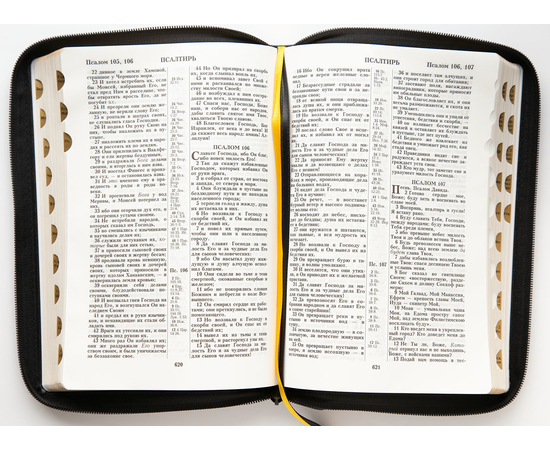 Библия (18х24 см, исск. кожа, черный, надпись "Библия" с вензелем, молния, золотой обрез, индексы, 2 закладки, слова Иисуса выделены жирным, крупный шрифт)