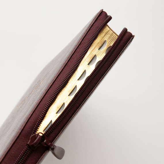 Библия (18х24 см, исск. кожа, темно-коричневый, надпись "Библия" с вензелем, молния, золотой обрез, индексы, 2 закладки, слова Иисуса выделены жирным, крупный шрифт)